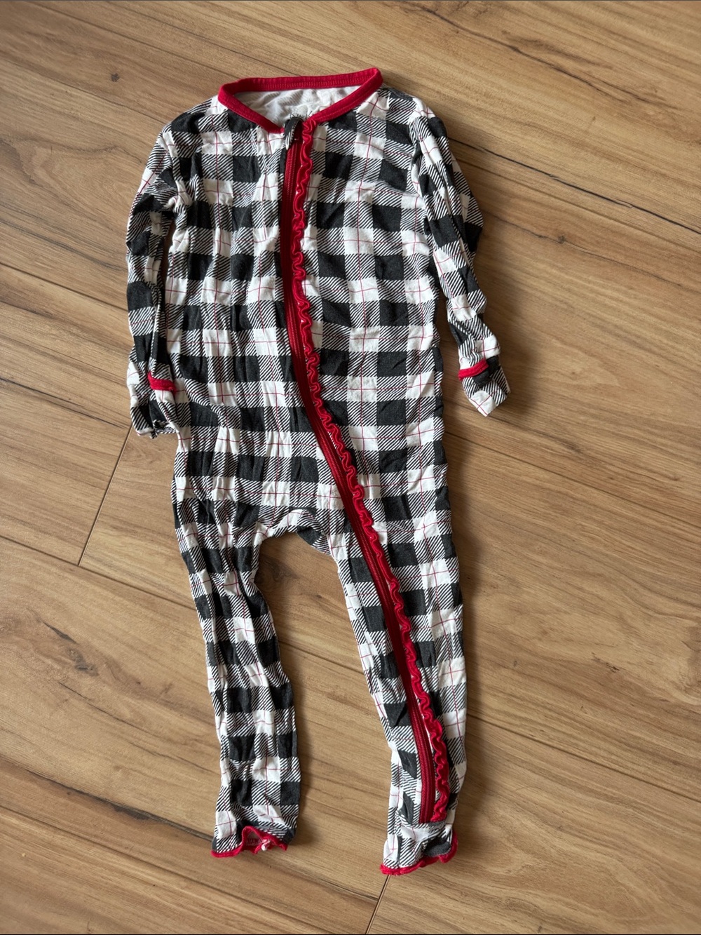 Black & White Plaid Kids One-Piece with Red Trim